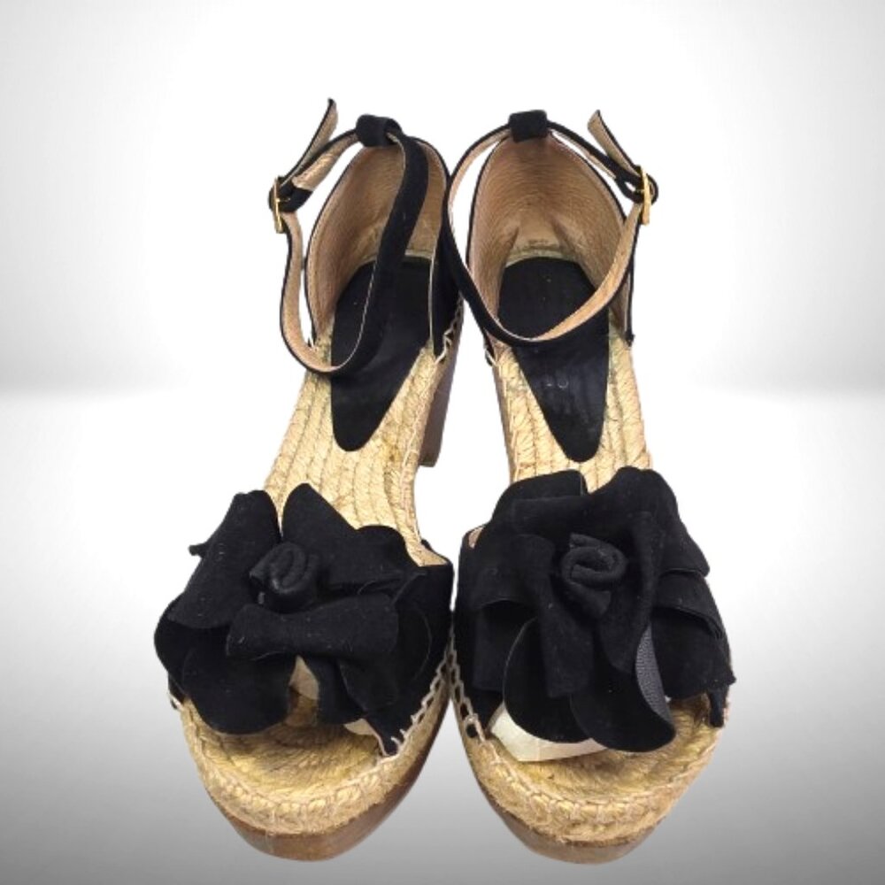 André Assous Black Suede Rosette Espadrille Wedges | Ankle Strap | 8